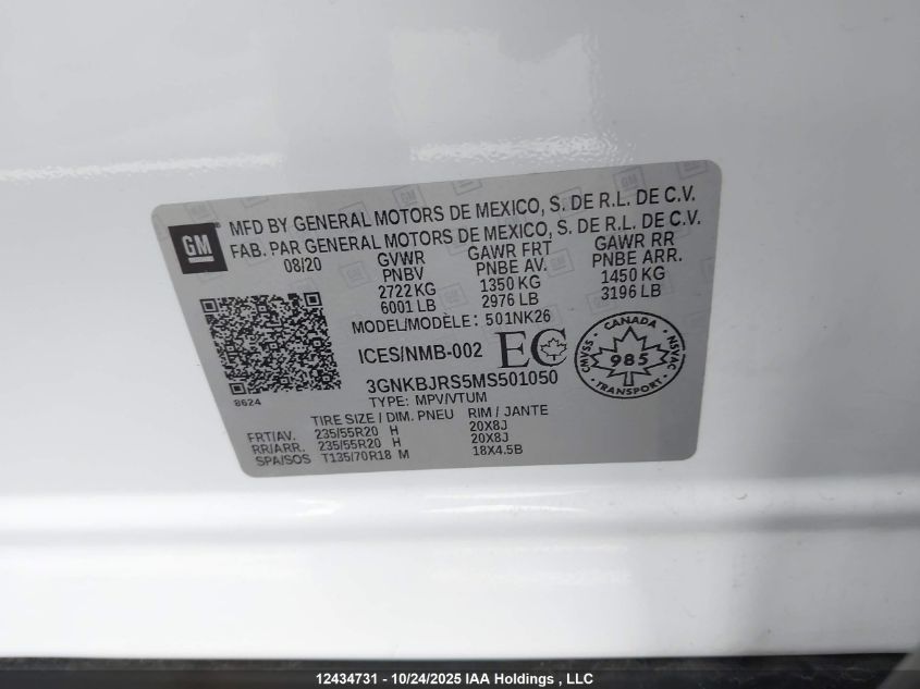 2021 Chevrolet Blazer VIN: 3GNKBJRS5MS501050 Lot: 12434731