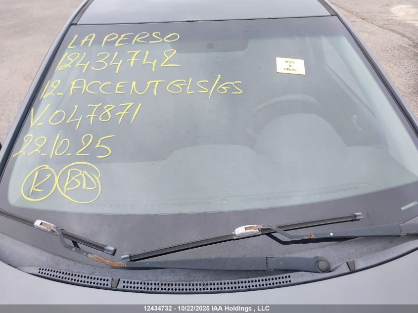 2012 Hyundai Accent Gls/Gs VIN: KMHCT5AE7CU047871 Lot: 12434732