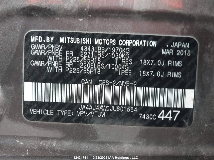 2018 Mitsubishi Rvr Gt/Se Anniversary Edition/Se Limited Edition VIN: JA4AJ4AW0JU601554 Lot: 12434751