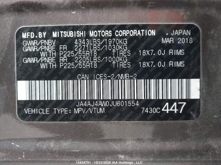 2018 Mitsubishi Rvr Gt/Se Anniversary Edition/Se Limited Edition VIN: JA4AJ4AW0JU601554 Lot: 12434751