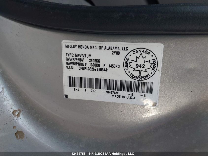 2009 Honda Odyssey Lx VIN: 5FNRL38269B503441 Lot: 12434755