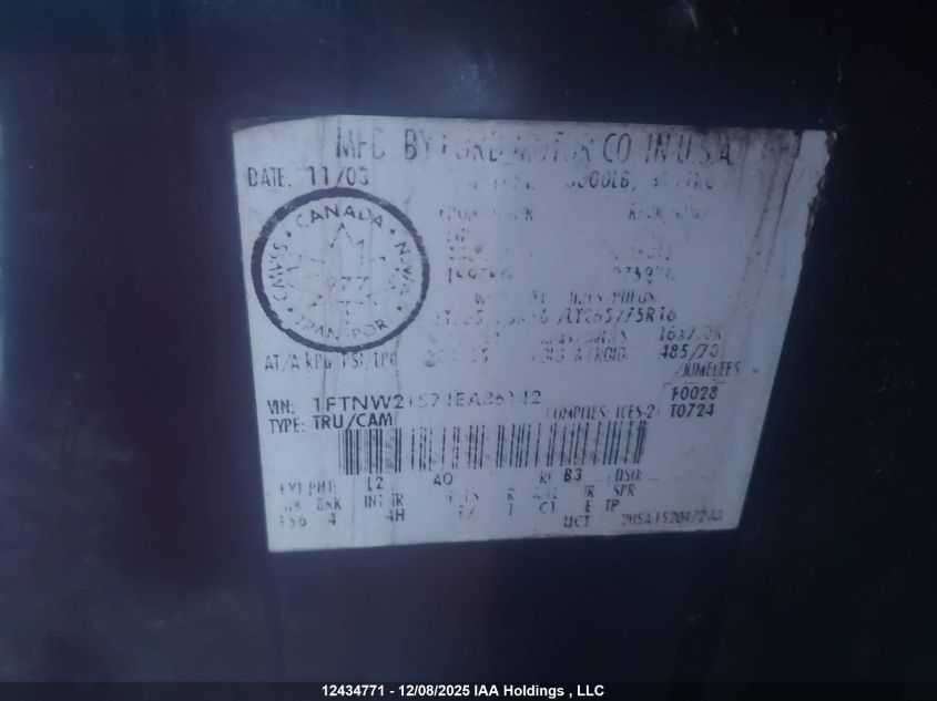 2004 Ford F250 Super Duty VIN: 1FTNW21S74EA86142 Lot: 12434771