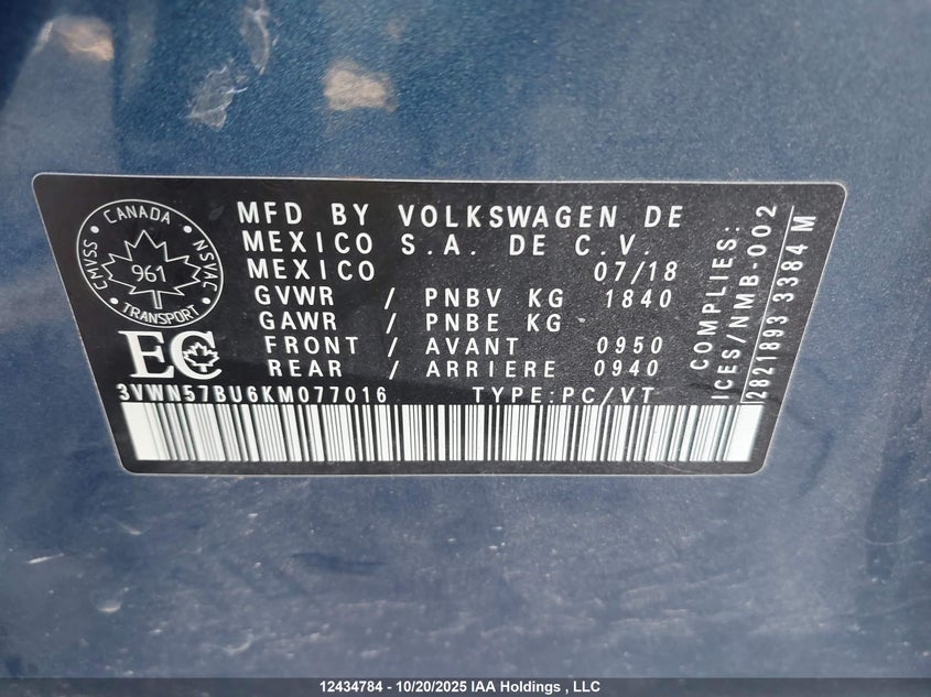 3VWN57BU6KM077016 2019 VOLKSWAGEN JETTA photo no. 9