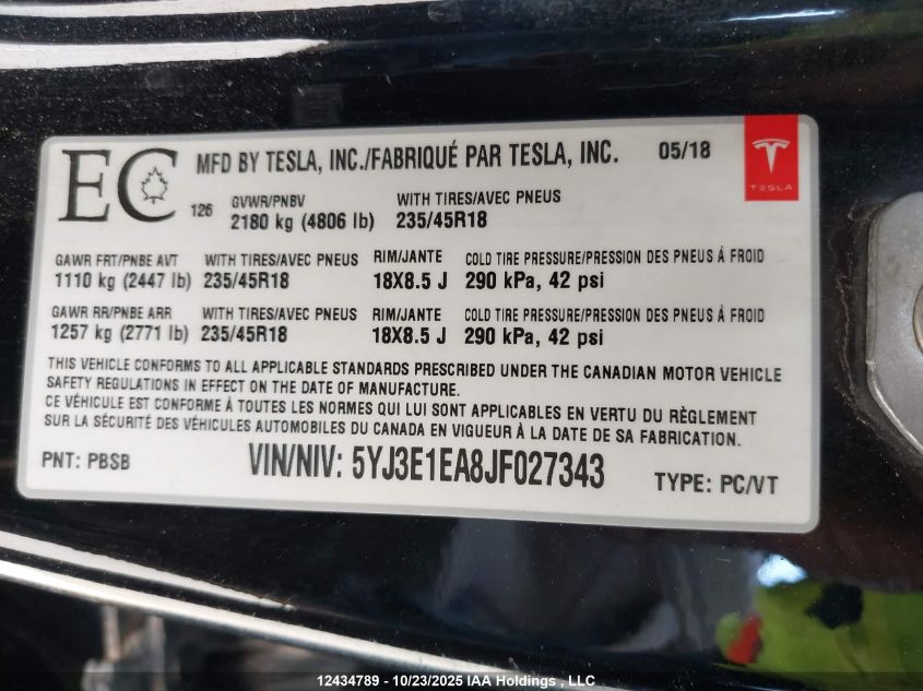 2018 Tesla Model 3 Long Range/Mid Range VIN: 5YJ3E1EA8JF027343 Lot: 12434789