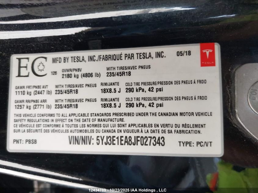 2018 Tesla Model 3 Long Range/Mid Range VIN: 5YJ3E1EA8JF027343 Lot: 12434789