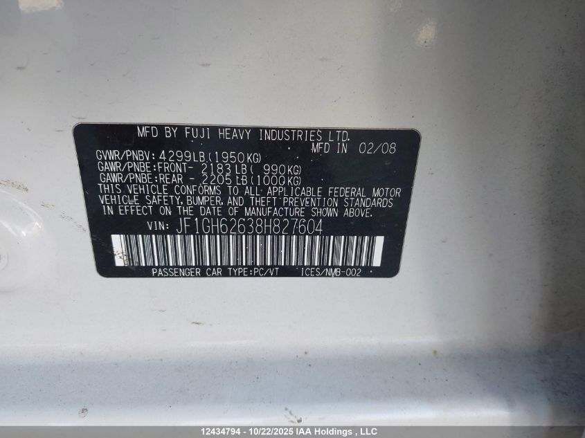 2008 Subaru Impreza 2.5 I Sport Package VIN: JF1GH62638H827604 Lot: 12434794