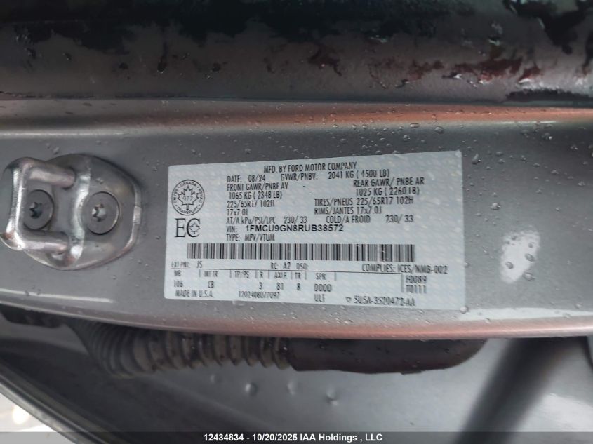 2024 Ford Escape Active VIN: 1FMCU9GN8RUB38572 Lot: 12434834