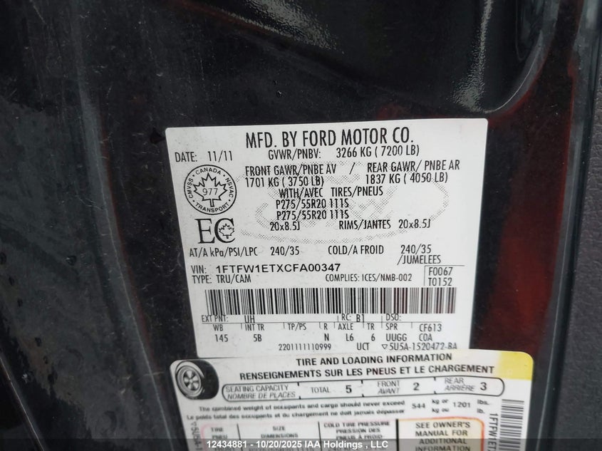 1FTFW1ETXCFA00347 2012 FORD F-150 photo no. 9