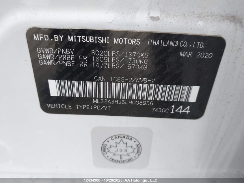 2020 Mitsubishi Mirage Es/Se VIN: ML32A3HJ6LH008956 Lot: 12434900