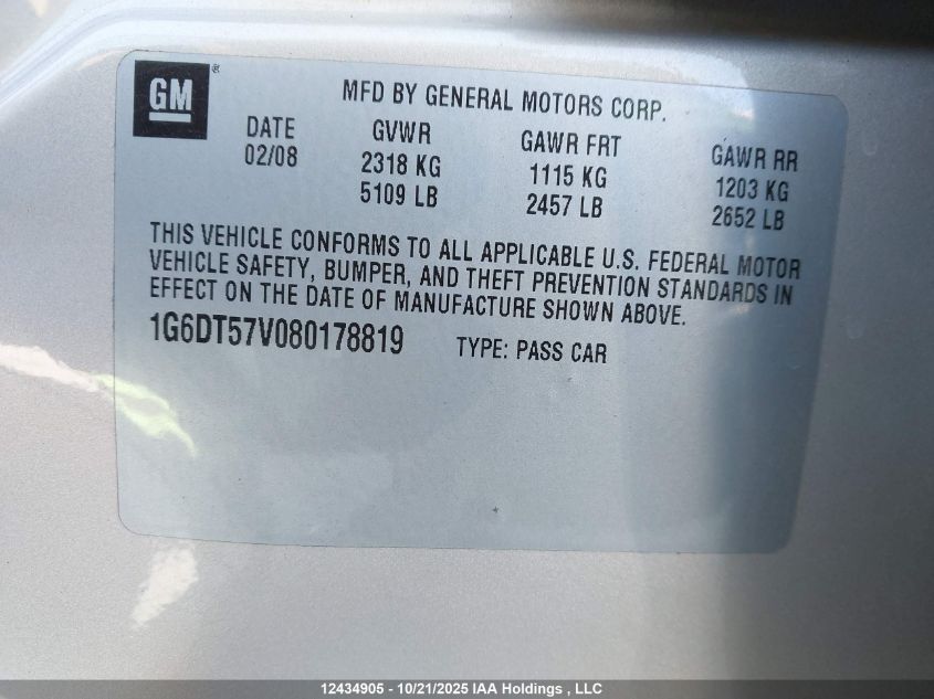 2008 Cadillac Cts Hi Feature V6 VIN: 1G6DT57V080178819 Lot: 12434905