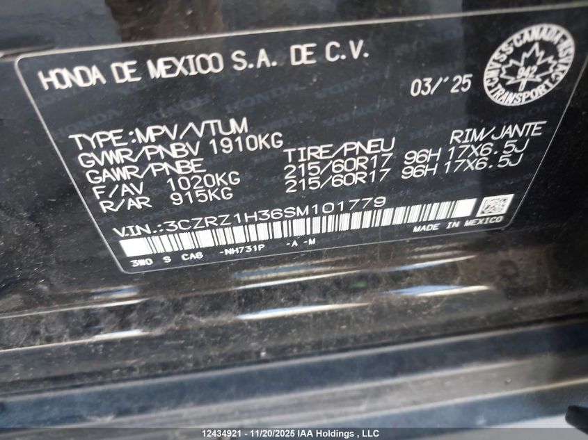 2025 Honda Hr-V VIN: 3CZRZ1H36SM101779 Lot: 12434921