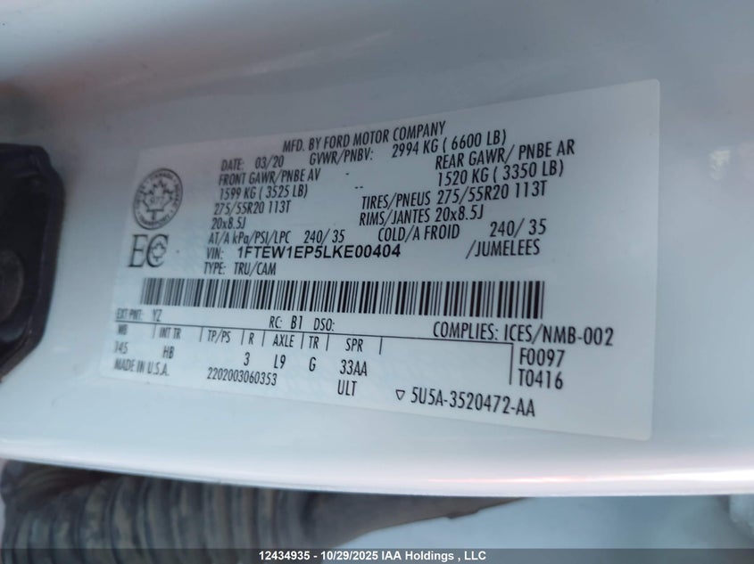 1FTEW1EP5LKE00404 2020 FORD F-150 photo no. 9