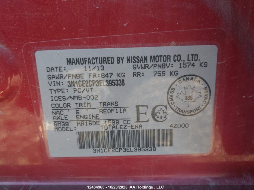 2014 Nissan Versa Note S/S Plus/Sv/Sl VIN: 3N1CE2CP3EL395338 Lot: 12434965