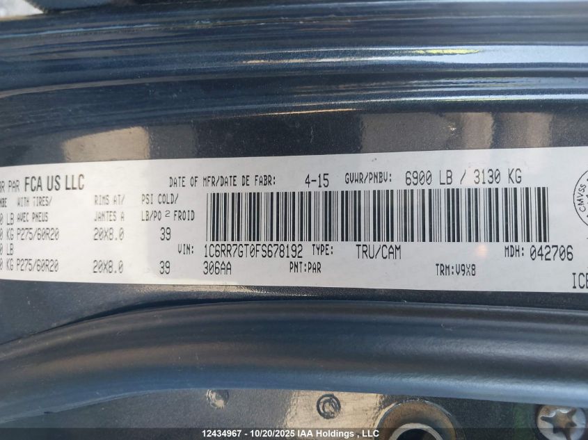 2015 Ram 1500 Slt VIN: 1C6RR7GT0FS678192 Lot: 12434967