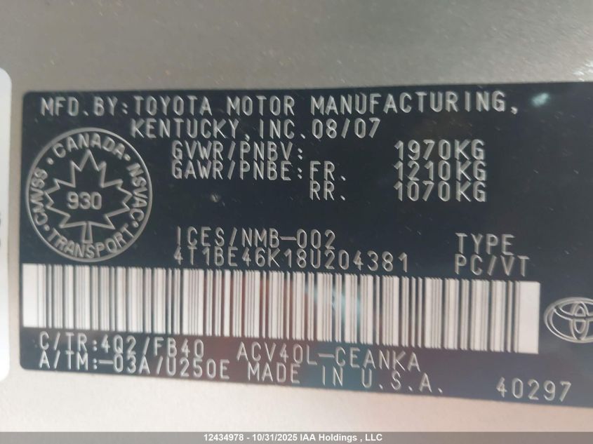 2008 Toyota Camry Le/Se VIN: 4T1BE46K18U204381 Lot: 12434978