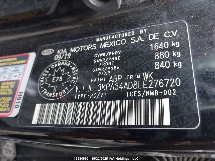 2020 Kia Rio Ex VIN: 3KPA34AD8LE276720 Lot: 12434992