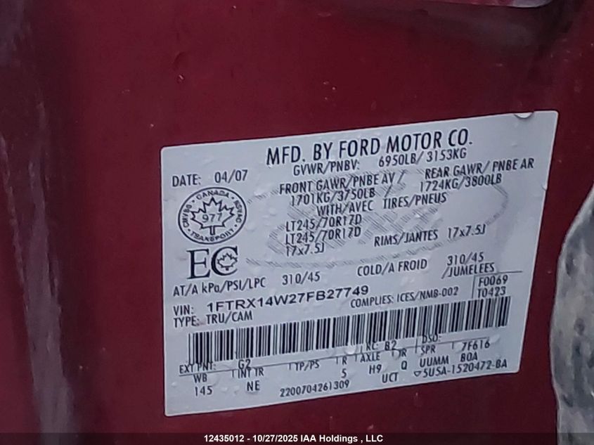 2007 Ford F-150 Stx/Xl/Xlt VIN: 1FTRX14W27FB27749 Lot: 12435012