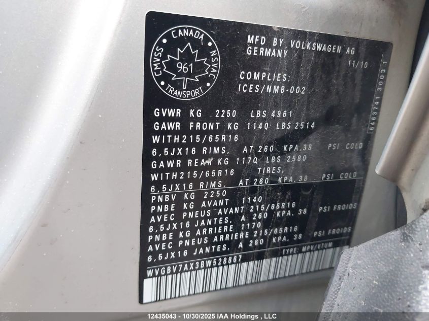 2011 Volkswagen Tiguan 2.0 Tsi Comfortline/2.0 Tsi Highline/2.0 Tsi Trendline VIN: WVGBV7AX3BW528867 Lot: 12435043