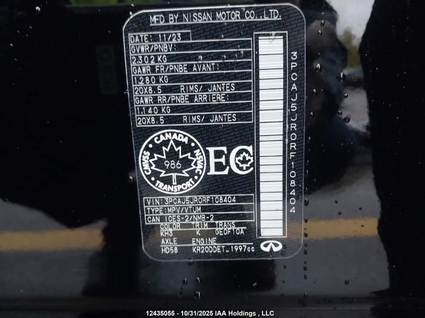 2024 Infiniti Qx55 Luxe VIN: 3PCAJ5JR0RF108404 Lot: 12435055