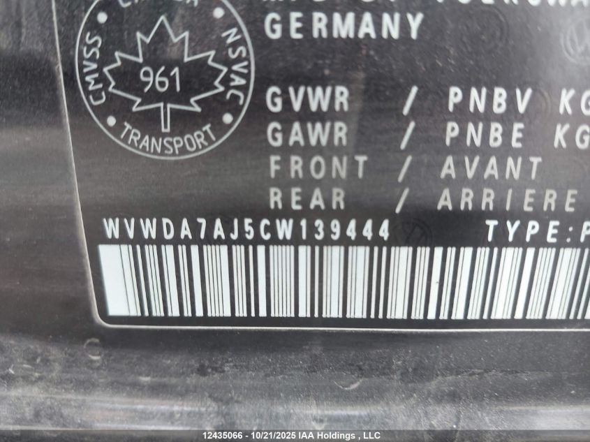 2012 Volkswagen Golf 2.5L Comfortline/2.5L Highline/2.5L Sportline/2.5L Trendline VIN: WVWDA7AJ5CW139444 Lot: 12435066