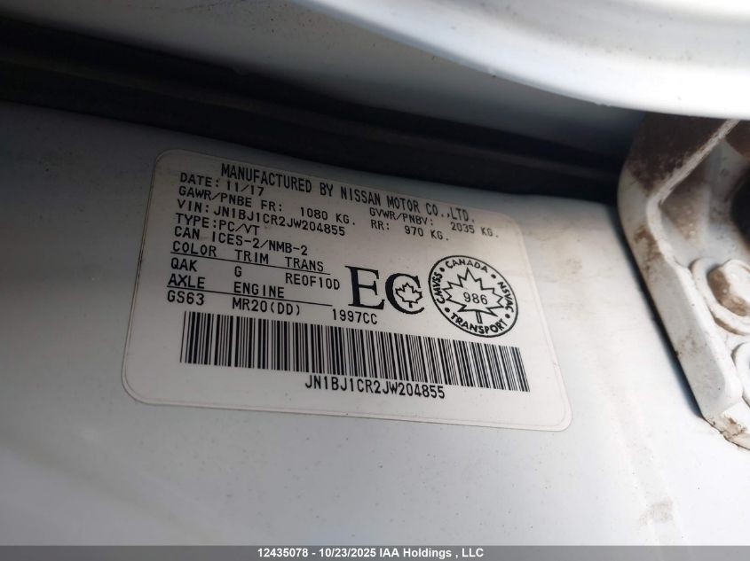 2018 Nissan Qashqai S/Sl/Sv VIN: JN1BJ1CR2JW204855 Lot: 12435078