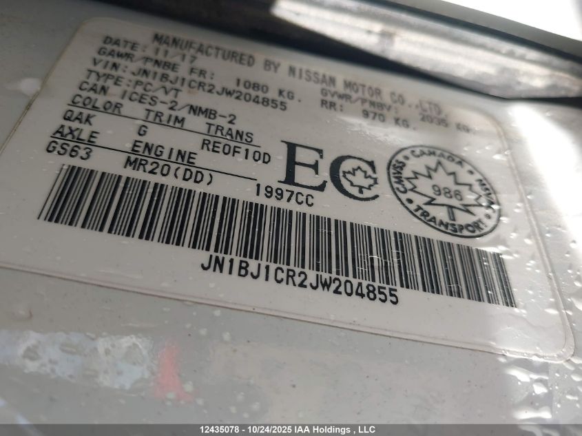 2018 Nissan Qashqai S/Sl/Sv VIN: JN1BJ1CR2JW204855 Lot: 12435078