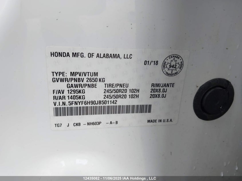 5FNYF6H90JB501142 2018 HONDA PILOT photo no. 9