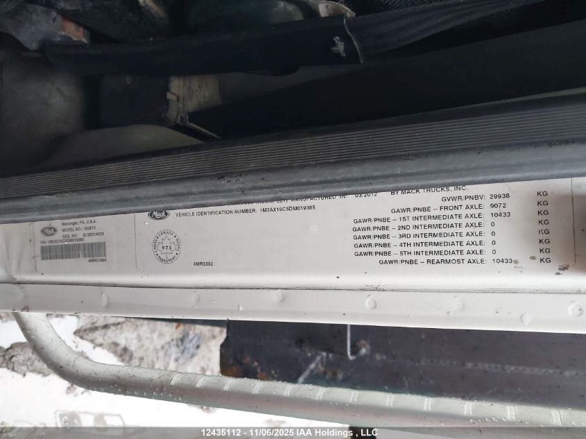 2013 Mack 800 Gu VIN: 1M2AX16C5DM019385 Lot: 12435112