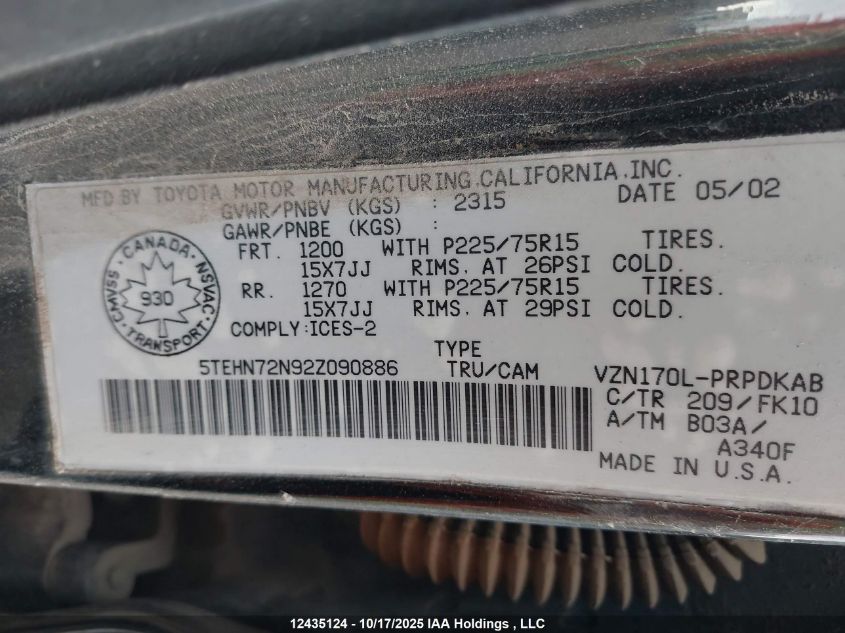 2002 Toyota Tacoma Base V6 VIN: 5TEHN72N92Z090886 Lot: 12435124