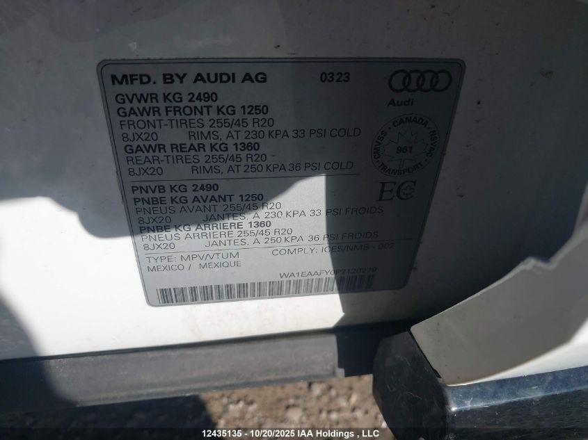 2023 Audi Q5 45 Progressiv VIN: WA1EAAFY0P2120279 Lot: 12435135