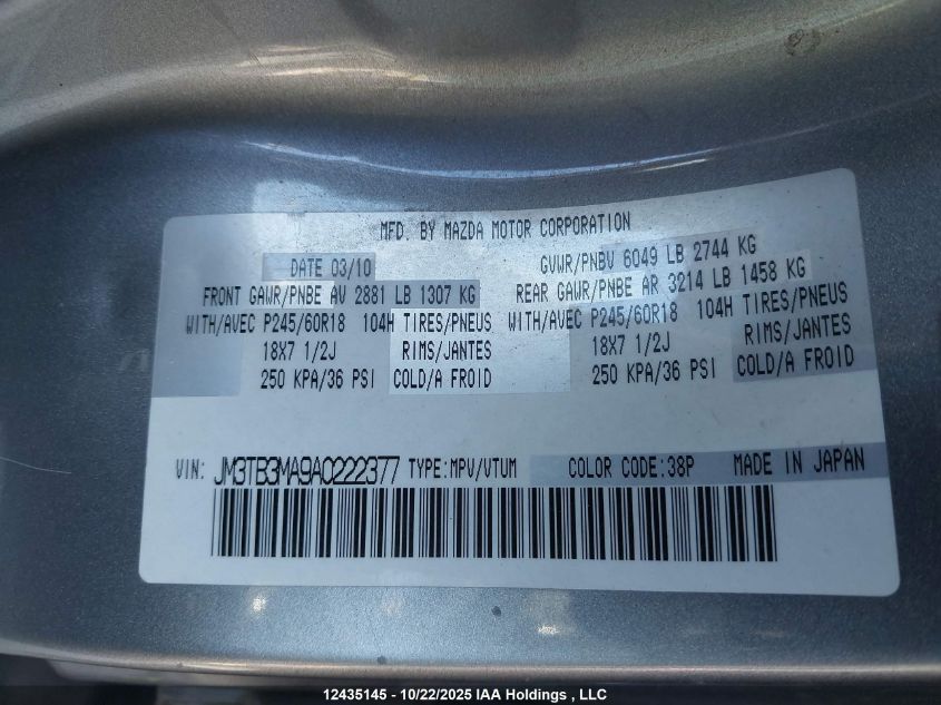 2010 Mazda Cx-9 VIN: JM3TB3MA9A0222377 Lot: 12435145