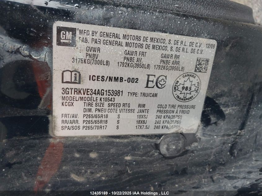 2010 GMC Sierra 1500 Sle VIN: 3GTRKVE34AG153981 Lot: 12435159