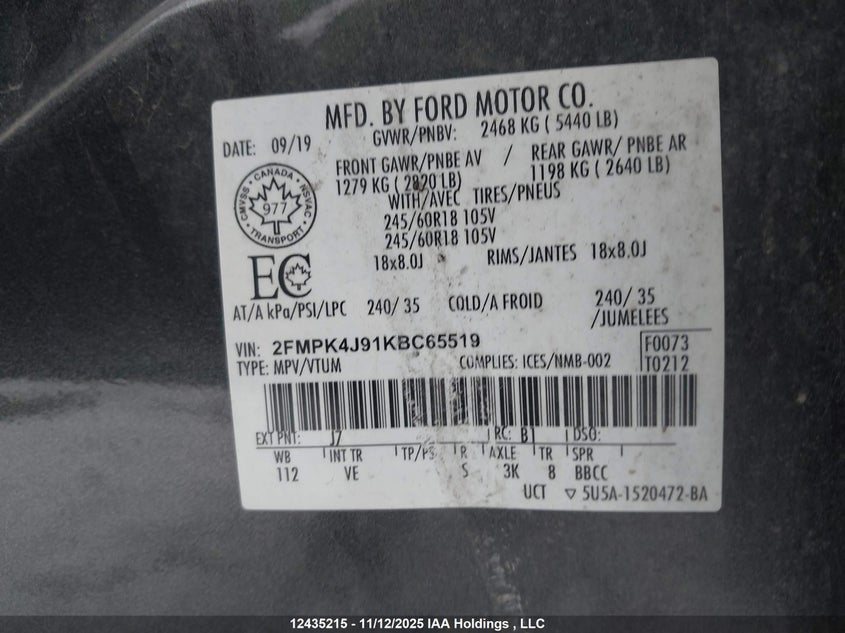 2FMPK4J91KBC65519 2019 FORD EDGE photo no. 9