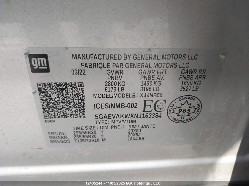 2022 Buick Enclave Awd Essence VIN: 5GAEVAKWXNJ163384 Lot: 12435244