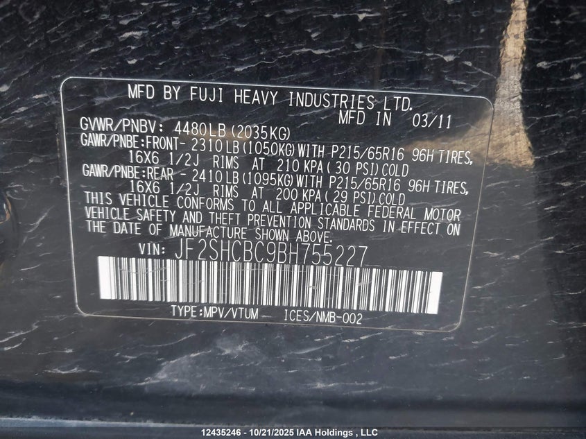 2011 Subaru Forester 2.5X VIN: JF2SHCBC9BH755227 Lot: 12435246