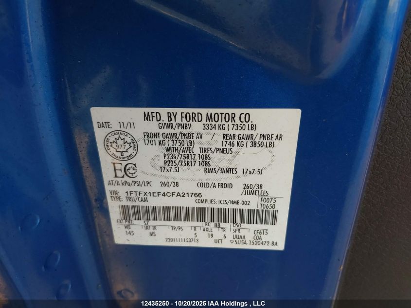 2012 Ford F150 Super Cab VIN: 1FTFX1EF4CFA21766 Lot: 12435250