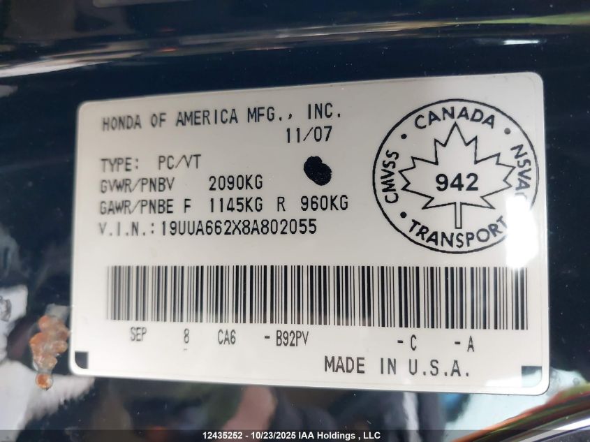 2008 Acura Tl VIN: 19UUA662X8A802055 Lot: 12435252