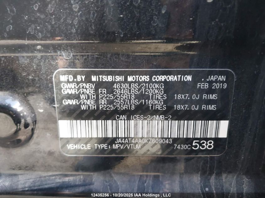 2019 Mitsubishi Eclipse Cross Le/Sp VIN: JA4AT4AA0KZ609043 Lot: 12435256