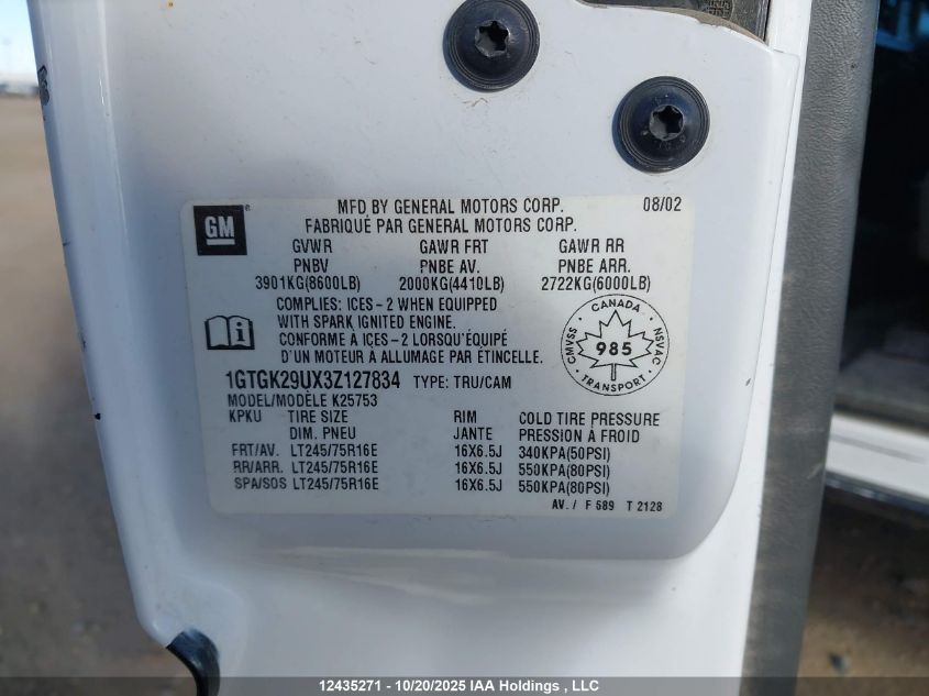2003 GMC Sierra 2500 Sl/Sle/Slt VIN: 1GTGK29UX3Z127834 Lot: 12435271