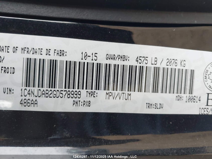 2016 Jeep Compass Sport/North VIN: 1C4NJDAB2GD578999 Lot: 12435297