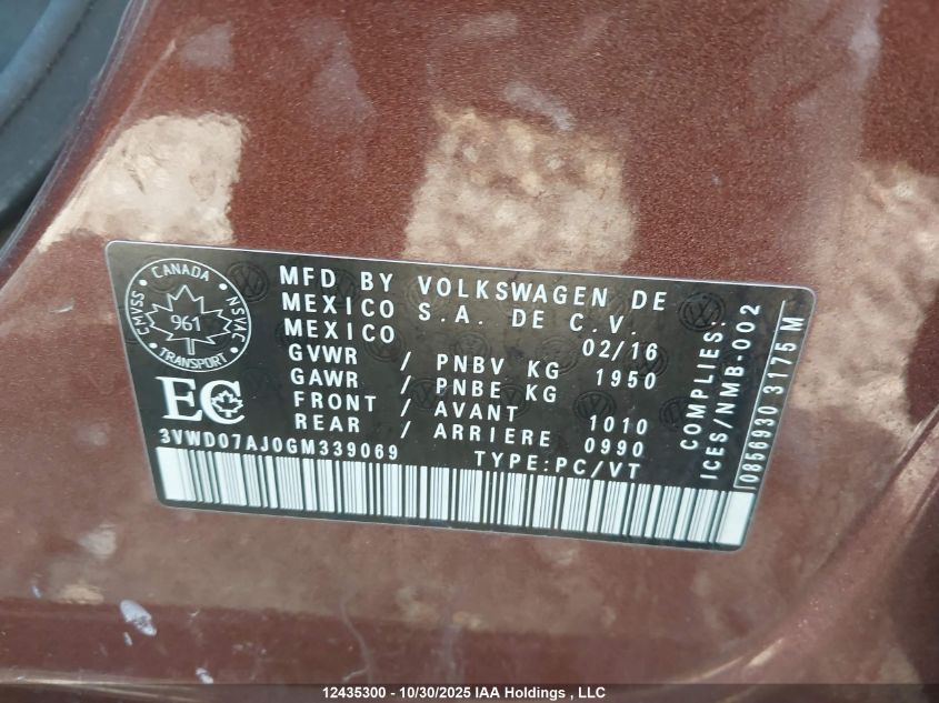 2016 Volkswagen Jetta Comfortline VIN: 3VWD07AJ0GM339069 Lot: 12435300