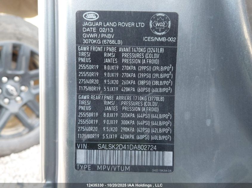 2013 Land Rover Range Rover Sport Hse VIN: SALSK2D41DA802724 Lot: 12435330