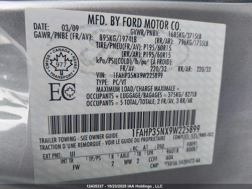 1FAHP35NX9W225899 2009 FORD FOCUS photo no. 9
