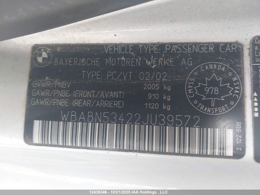 2002 BMW 330 Ci VIN: WBABN53422JU39572 Lot: 12435346