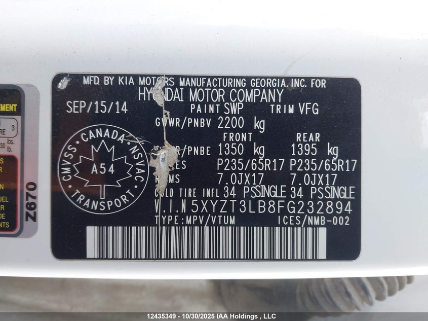5XYZT3LB8FG232894 2015 HYUNDAI SANTA FE photo no. 9
