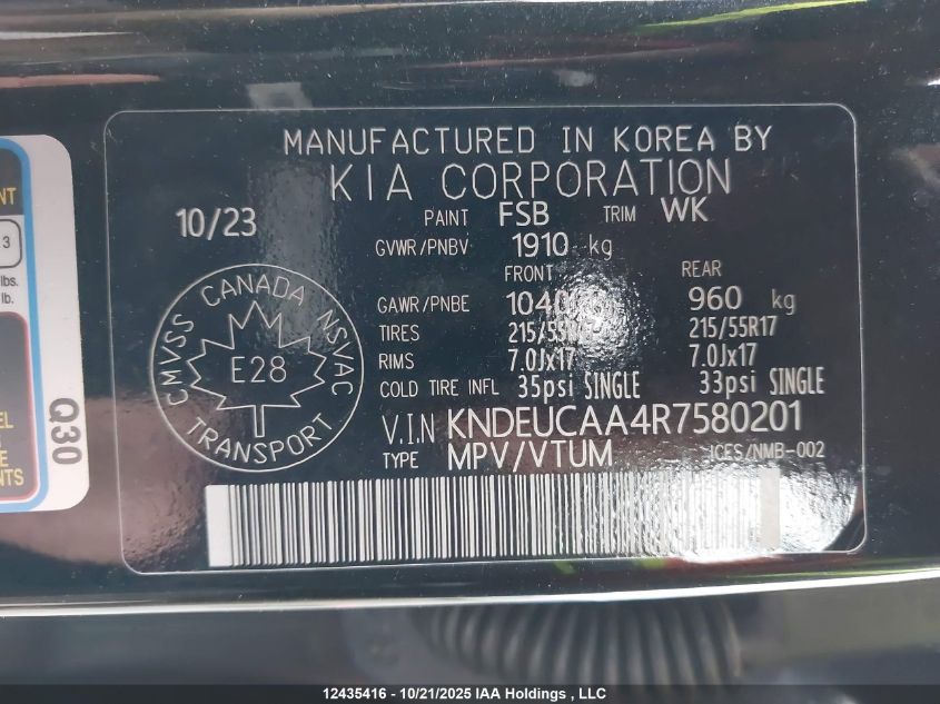 2024 Kia Seltos VIN: KNDEUCAA4R7580201 Lot: 12435416