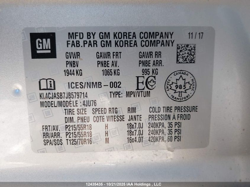 2018 Buick Encore Preferred VIN: KL4CJASB7JB579714 Lot: 12435435