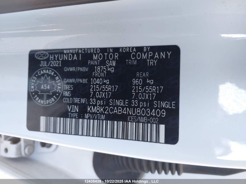 2022 Hyundai Kona Sel/Se VIN: KM8K2CAB4NU803409 Lot: 12435439