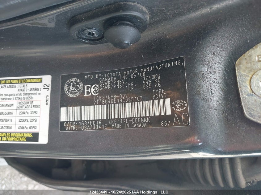 2009 Toyota Corolla S/Le/Xle VIN: 2T1BU40E19C055107 Lot: 12435449