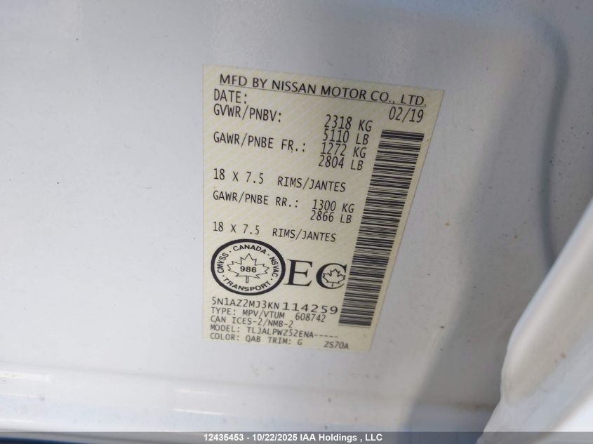 2019 Nissan Murano S VIN: 5N1AZ2MJ3KN114259 Lot: 12435453